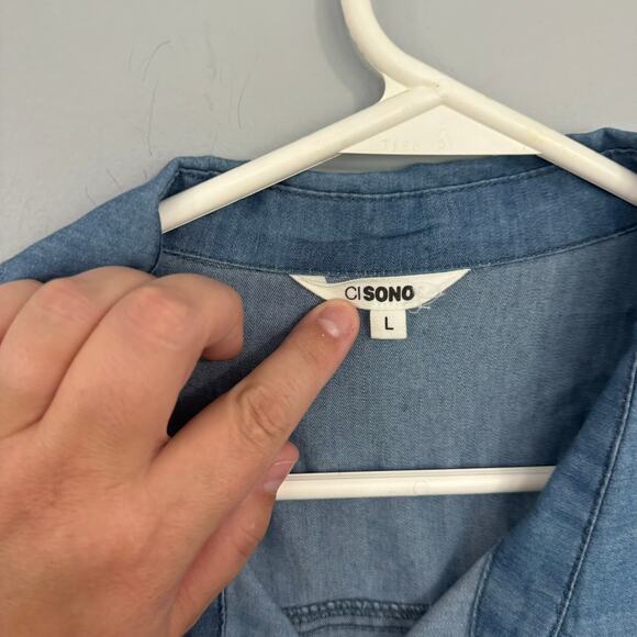 Ci Sono Blue Chambray Button Down Shirt Dress Size Large Knee Length - Picture 4 of 6